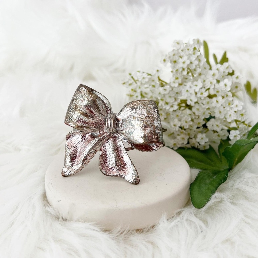 Coquette Bow Cuff Bracelet Silver Textured Metallic Vintage